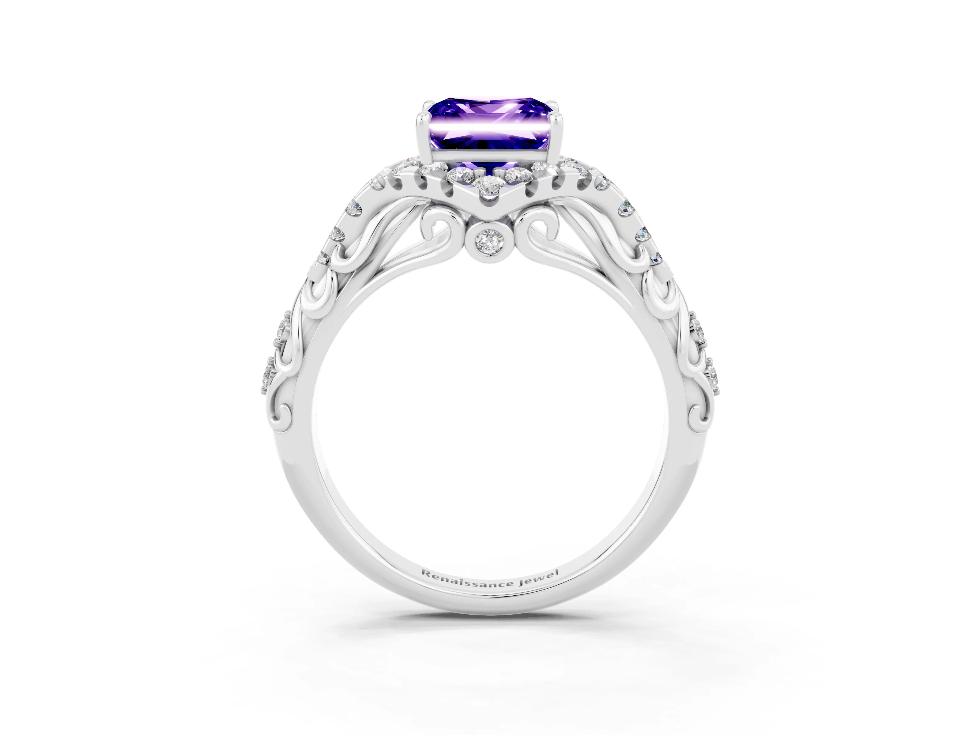 White gold Princess Cut Tanzanite Solitaire Ring with Hidden Halo and Pavé Band_15