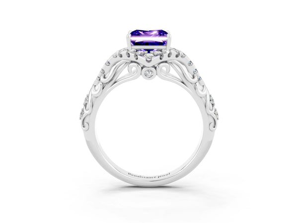 Platinum Princess Cut Tanzanite Solitaire Ring with Hidden Halo and Pavé Band