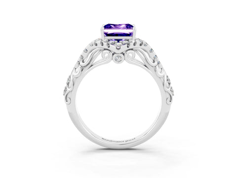 White gold Princess Cut Tanzanite Solitaire Ring with Hidden Halo and Pavé Band_15