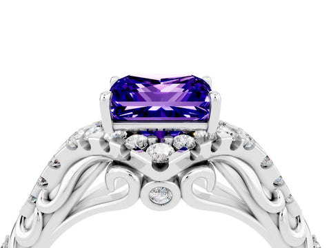White gold Princess Cut Tanzanite Solitaire Ring with Hidden Halo and Pavé Band_16