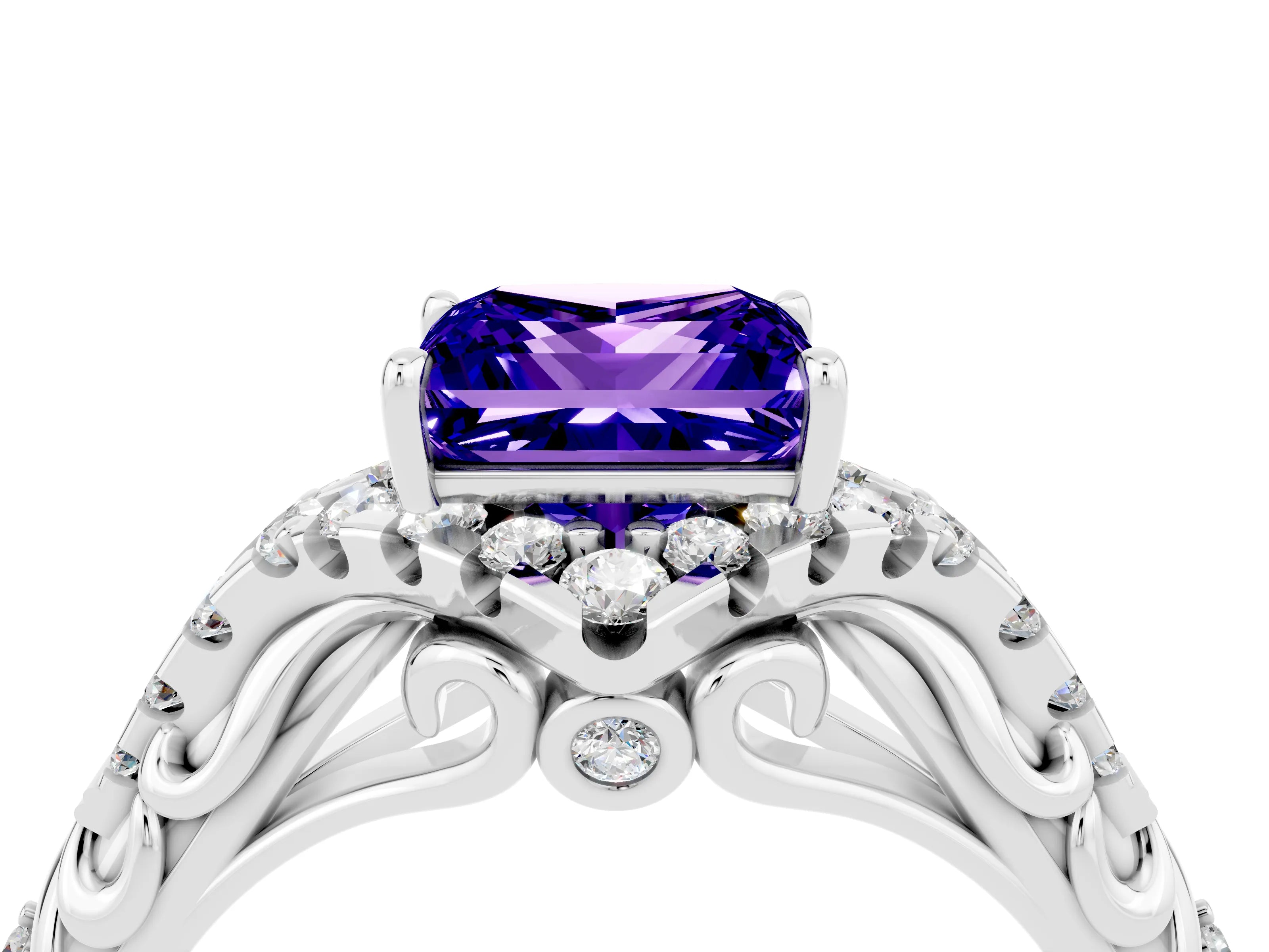 White gold Princess Cut Tanzanite Solitaire Ring with Hidden Halo and Pavé Band_16