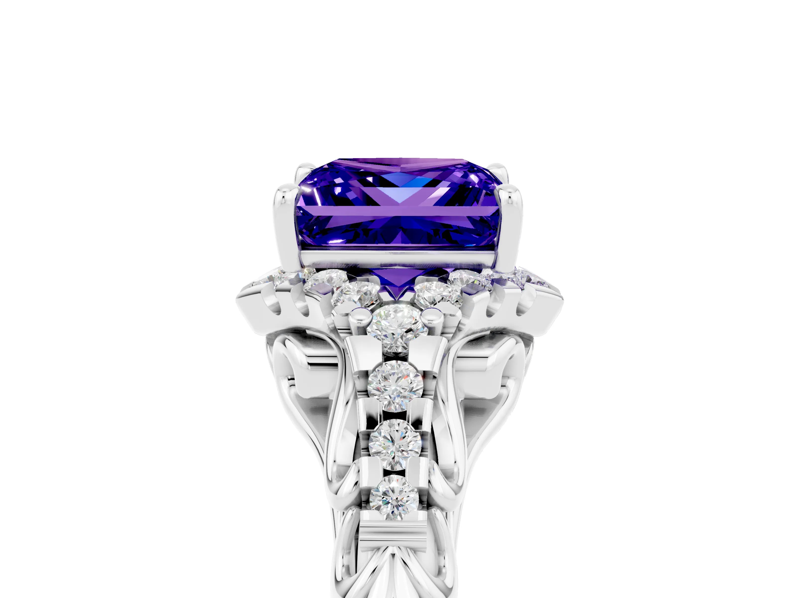 White gold Princess Cut Tanzanite Solitaire Ring with Hidden Halo and Pavé Band_17