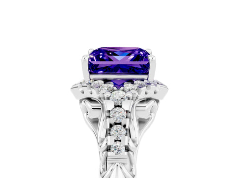 White gold Princess Cut Tanzanite Solitaire Ring with Hidden Halo and Pavé Band_17