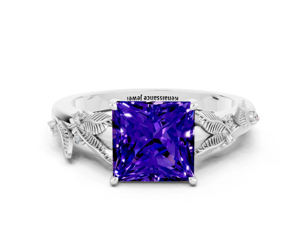 White gold Princess Cut Tanzanite Solitaire Ring with Leaf Motif Band and Four-Prong Setting
