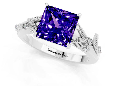 White gold Princess Cut Tanzanite Solitaire Ring with Leaf Motif Band and Four-Prong Setting_13