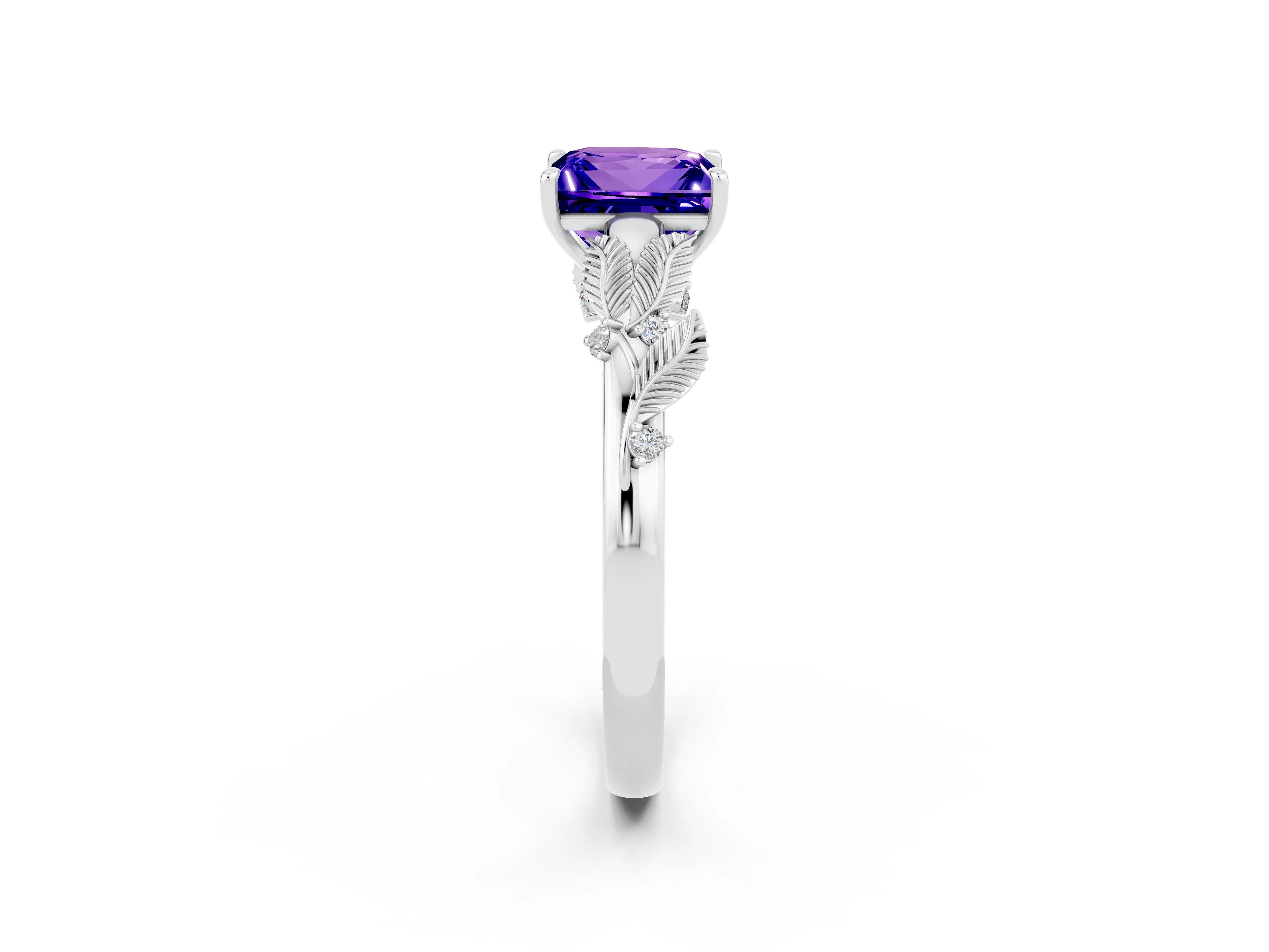 White gold Princess Cut Tanzanite Solitaire Ring with Leaf Motif Band and Four-Prong Setting_14