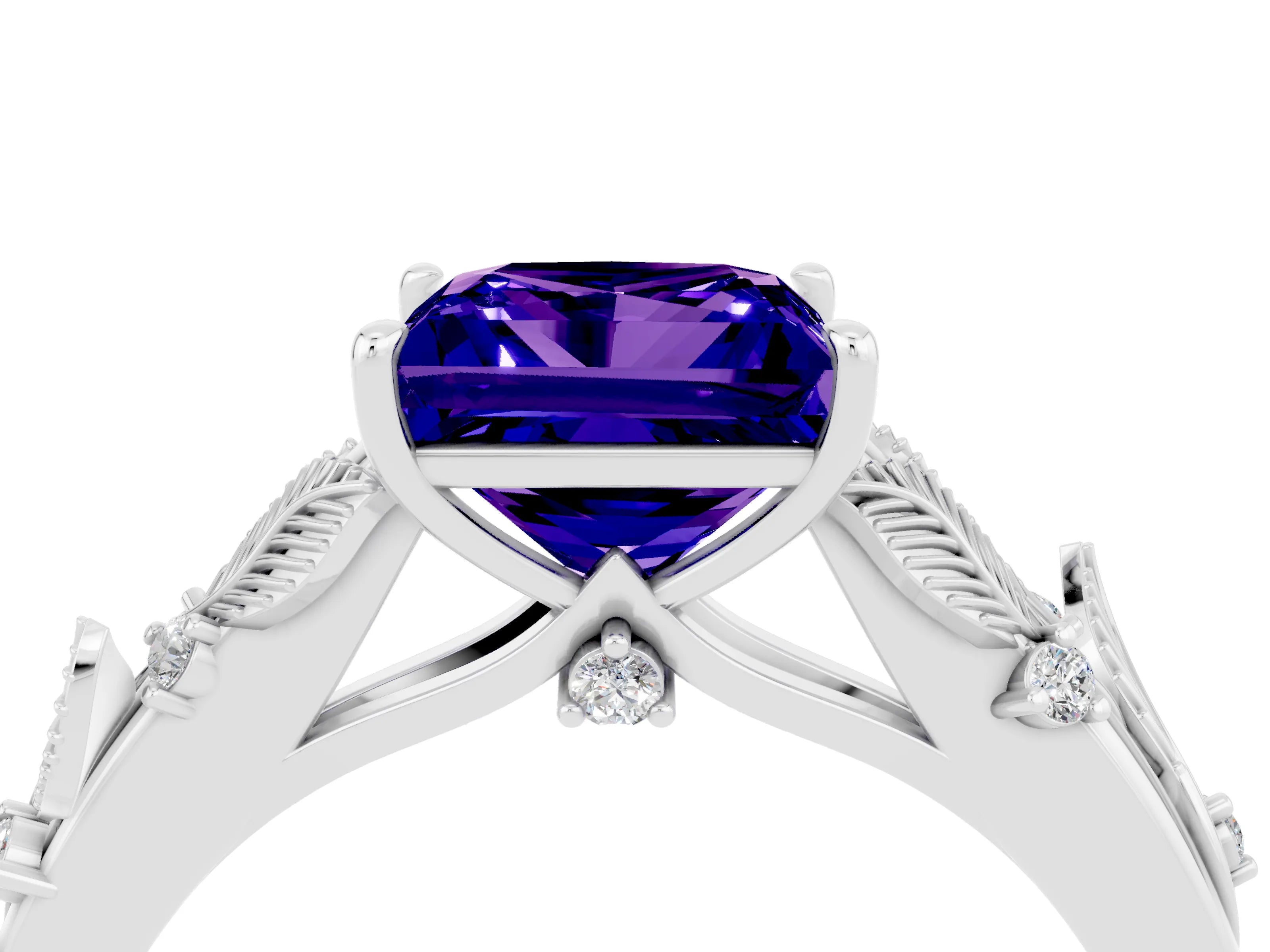 White gold Princess Cut Tanzanite Solitaire Ring with Leaf Motif Band and Four-Prong Setting_16