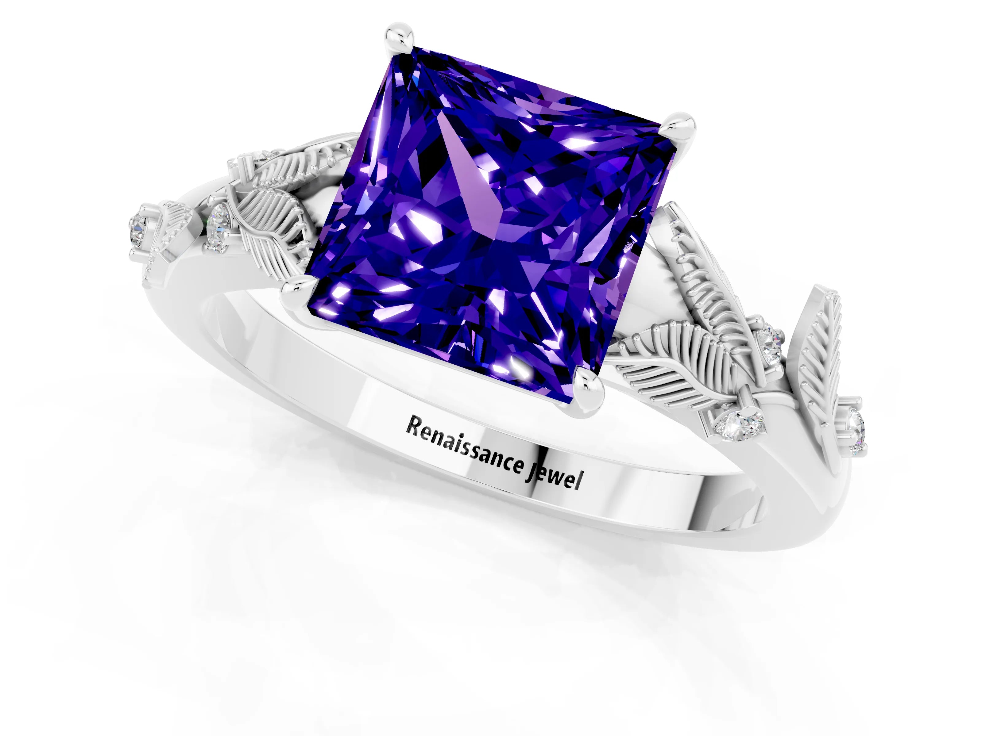 White gold Princess Cut Tanzanite Solitaire Ring with Leaf Motif Band and Four-Prong Setting_1