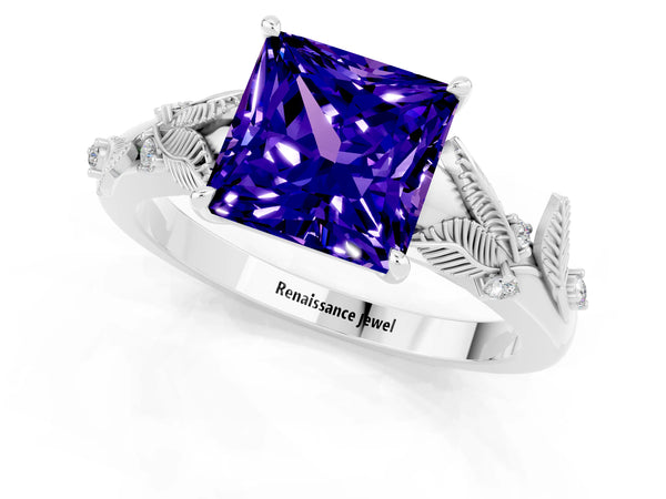 Silver Princess Cut Tanzanite Solitaire Ring with Leaf Motif Band and Four-Prong Setting