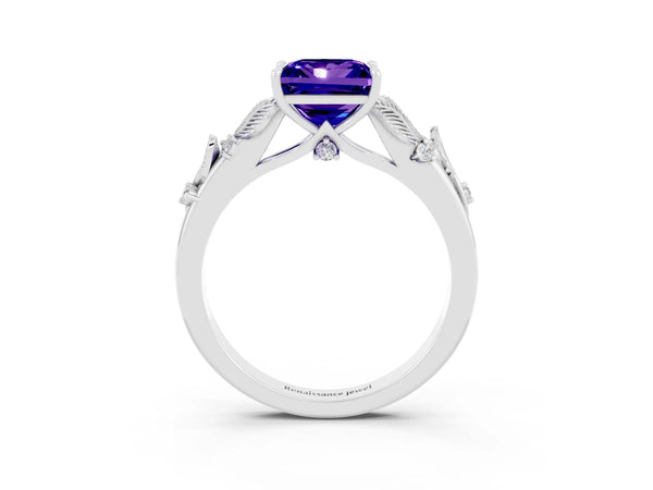 Platinum Princess Cut Tanzanite Solitaire Ring with Leaf Motif Band and Four-Prong Setting