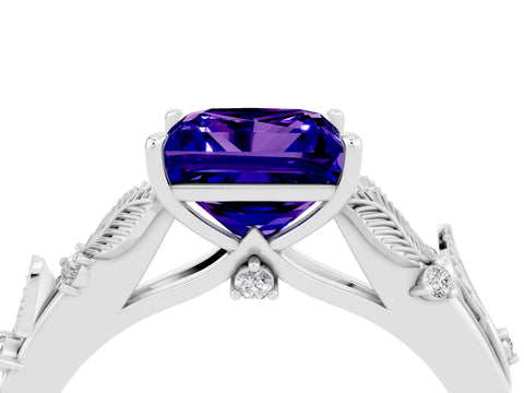 White gold Princess Cut Tanzanite Solitaire Ring with Leaf Motif Band and Four-Prong Setting_4