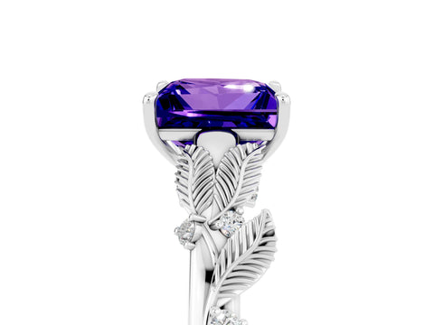 White gold Princess Cut Tanzanite Solitaire Ring with Leaf Motif Band and Four-Prong Setting_5