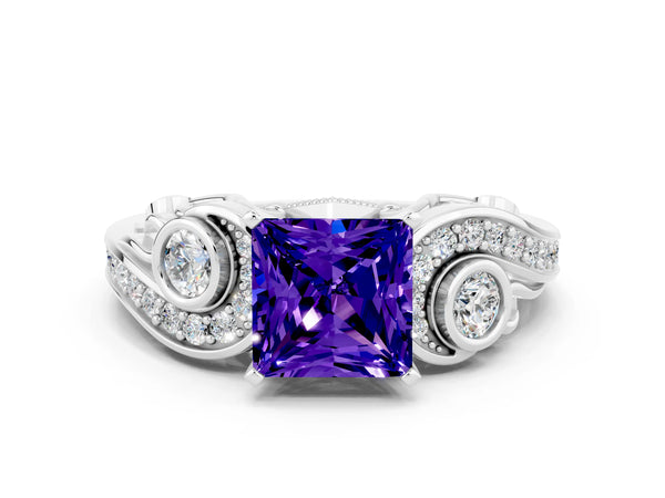 Platinum Princess Cut Tanzanite Solitaire Ring with Milgrain Pavé Band and Four-Prong Setting