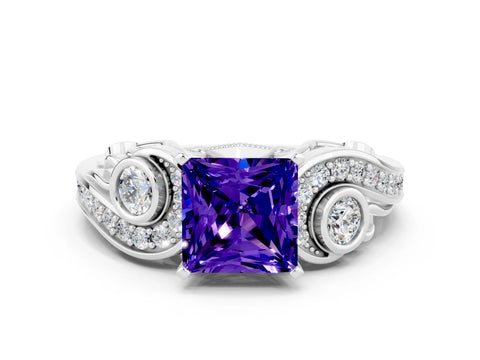 White gold Princess Cut Tanzanite Solitaire Ring with Milgrain Pavé Band and Four-Prong Setting_12
