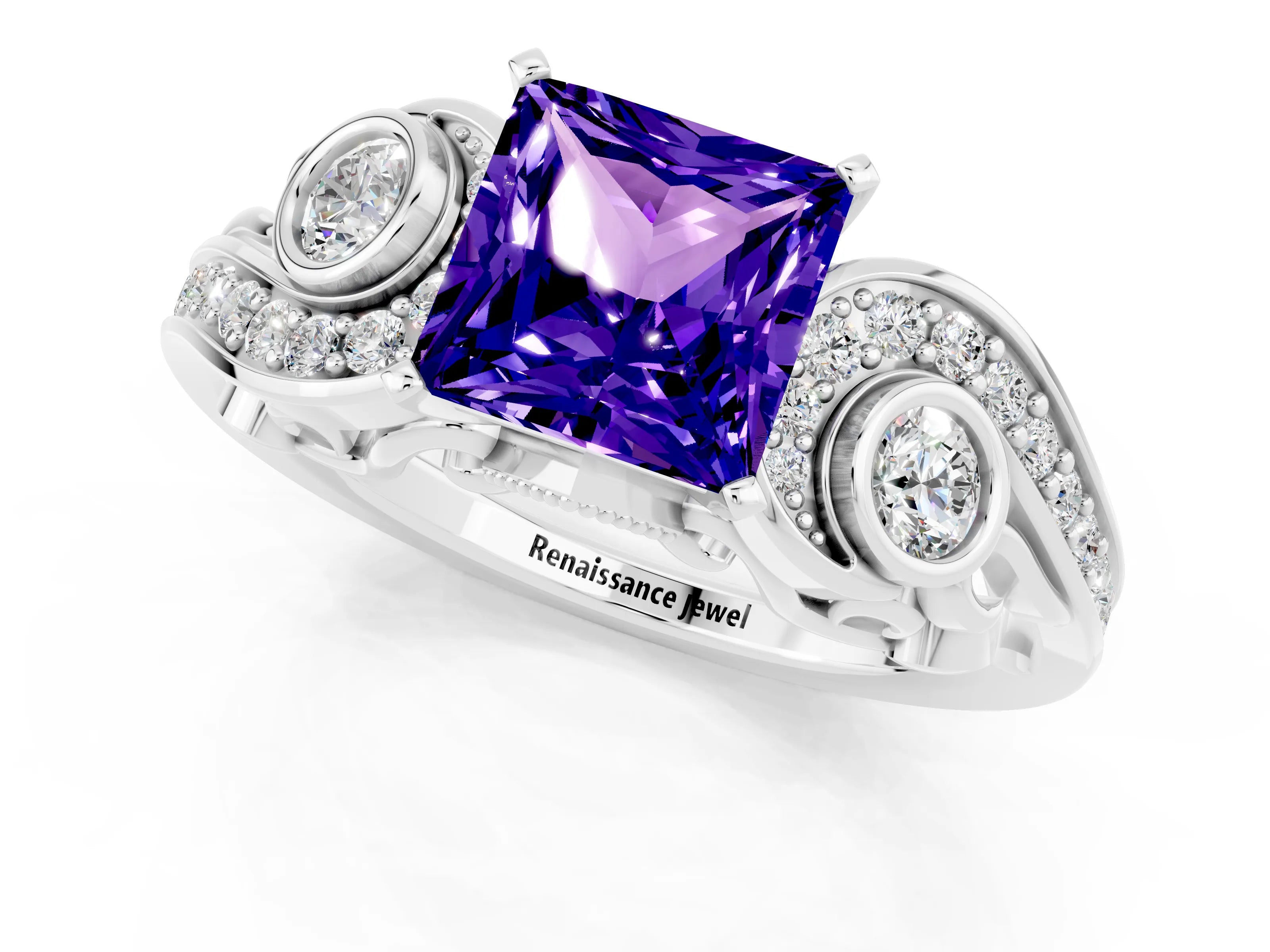 White gold Princess Cut Tanzanite Solitaire Ring with Milgrain Pavé Band and Four-Prong Setting_13