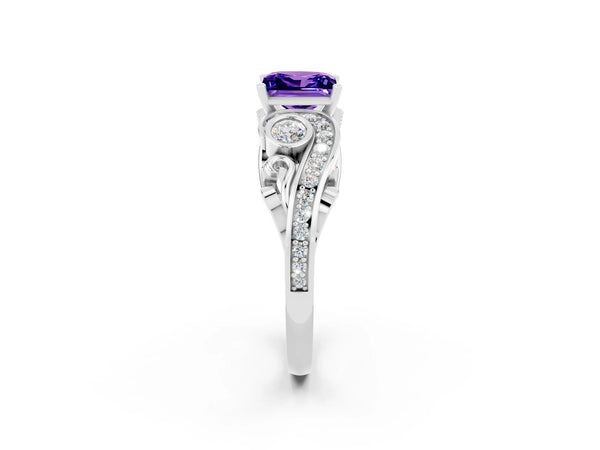 Silver Princess Cut Tanzanite Solitaire Ring with Milgrain Pavé Band and Four-Prong Setting