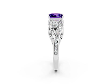 White gold Princess Cut Tanzanite Solitaire Ring with Milgrain Pavé Band and Four-Prong Setting_14