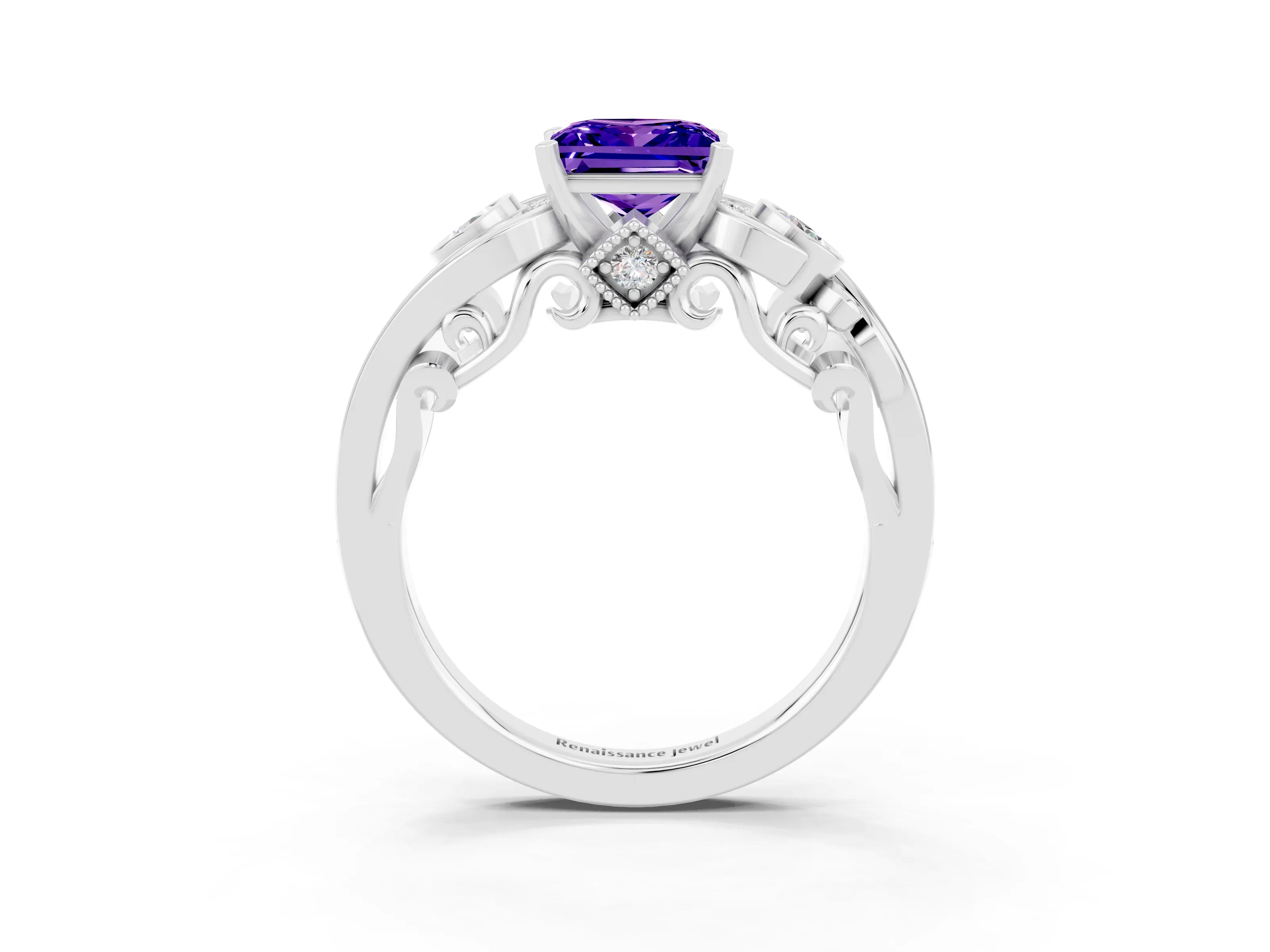 White gold Princess Cut Tanzanite Solitaire Ring with Milgrain Pavé Band and Four-Prong Setting_15