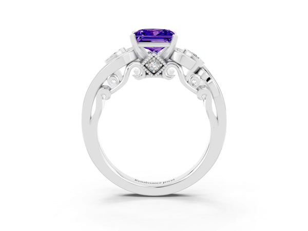Silver Princess Cut Tanzanite Solitaire Ring with Milgrain Pavé Band and Four-Prong Setting