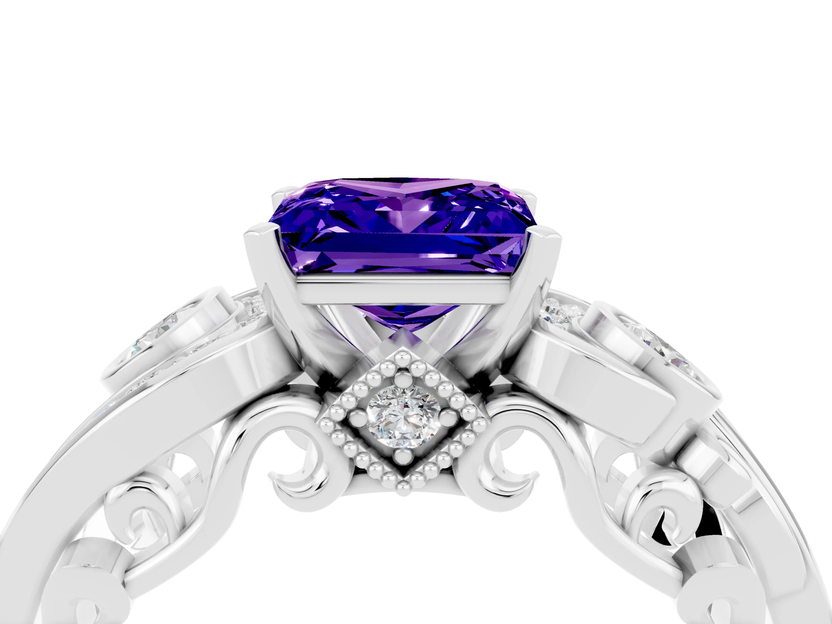 White gold Princess Cut Tanzanite Solitaire Ring with Milgrain Pavé Band and Four-Prong Setting_16