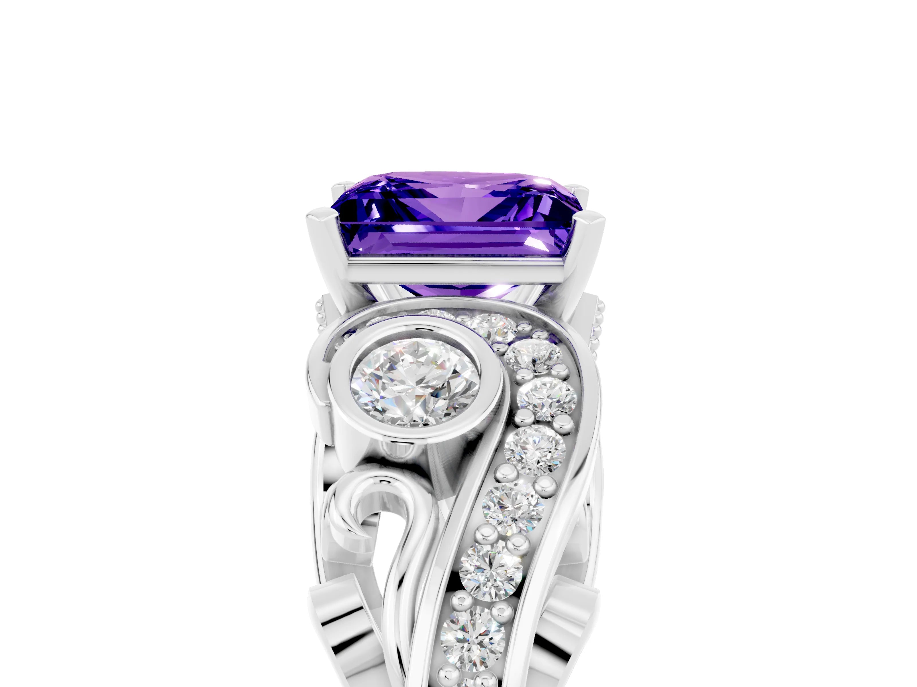 White gold Princess Cut Tanzanite Solitaire Ring with Milgrain Pavé Band and Four-Prong Setting_17