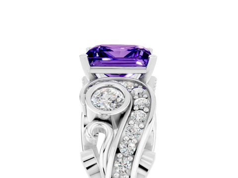 White gold Princess Cut Tanzanite Solitaire Ring with Milgrain Pavé Band and Four-Prong Setting_17