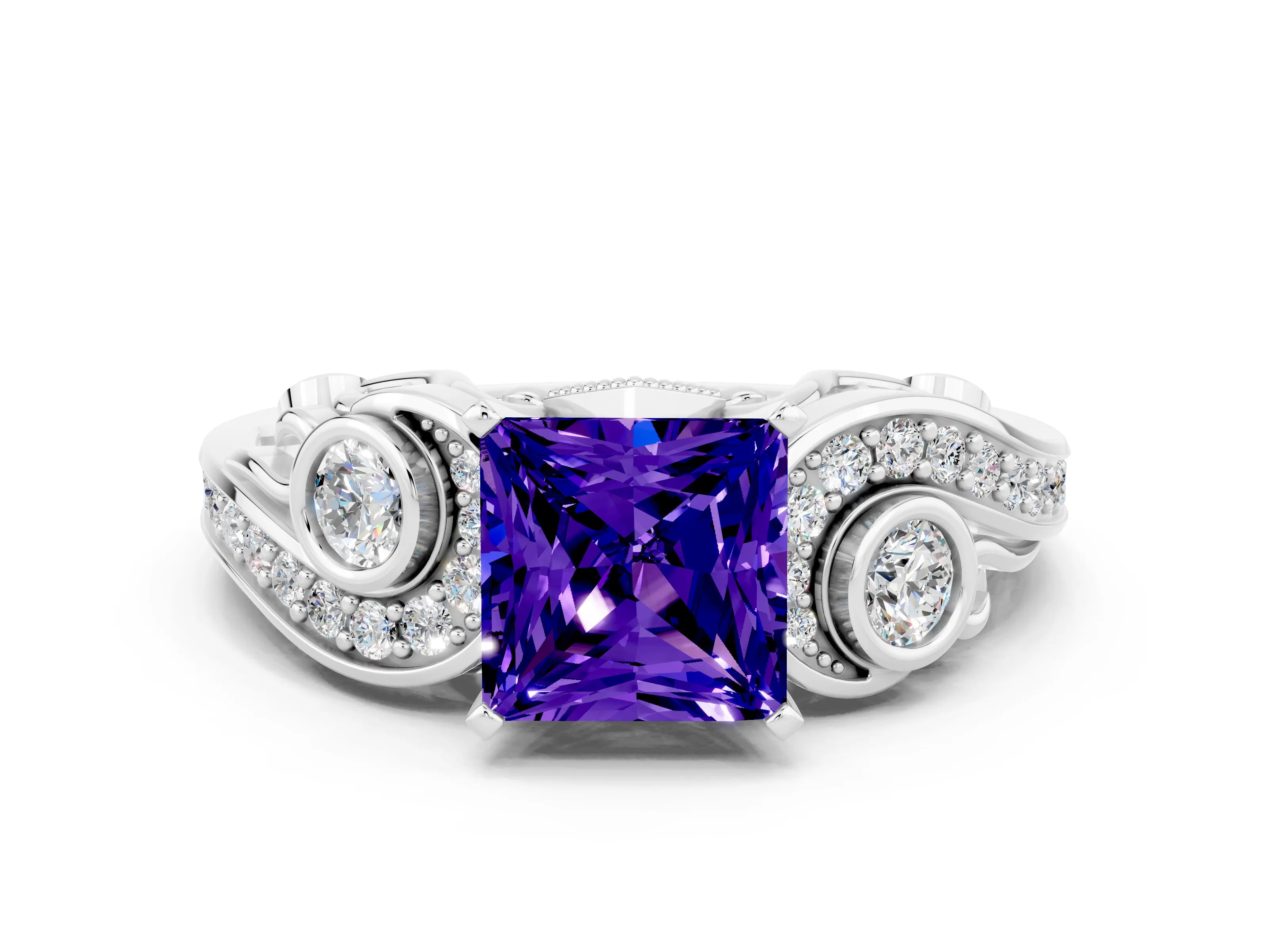 White gold Princess Cut Tanzanite Solitaire Ring with Milgrain Pavé Band and Four-Prong Setting_48