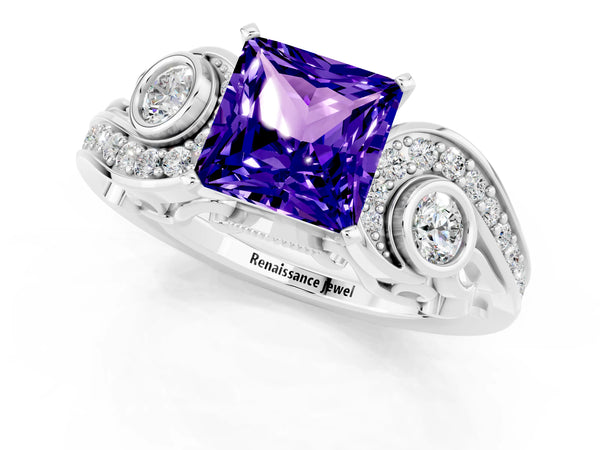 White gold Princess Cut Tanzanite Solitaire Ring with Milgrain Pavé Band and Four-Prong Setting