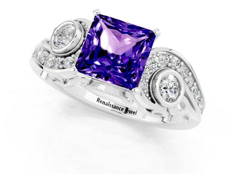 White gold Princess Cut Tanzanite Solitaire Ring with Milgrain Pavé Band and Four-Prong Setting_49