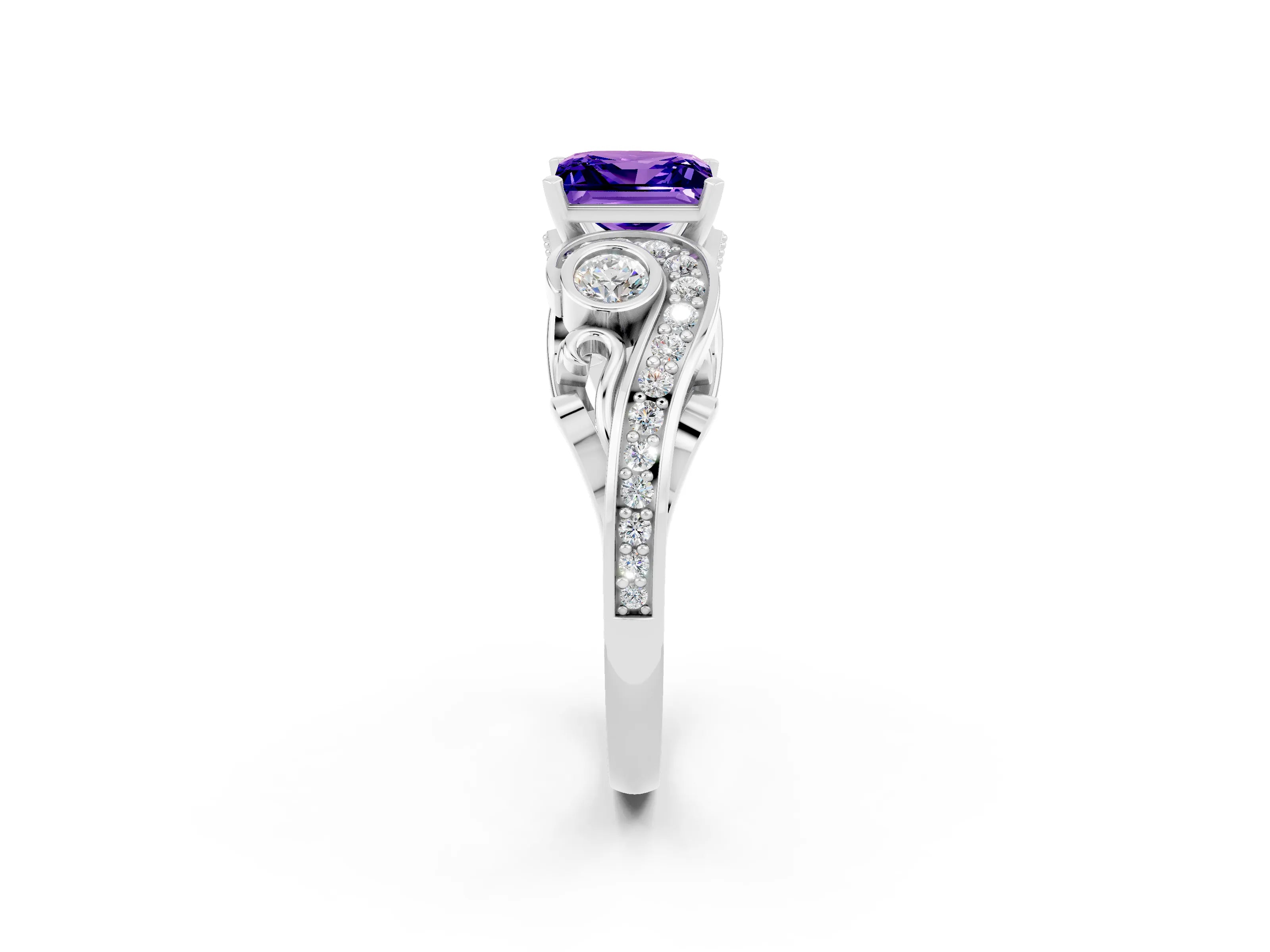 White gold Princess Cut Tanzanite Solitaire Ring with Milgrain Pavé Band and Four-Prong Setting_50