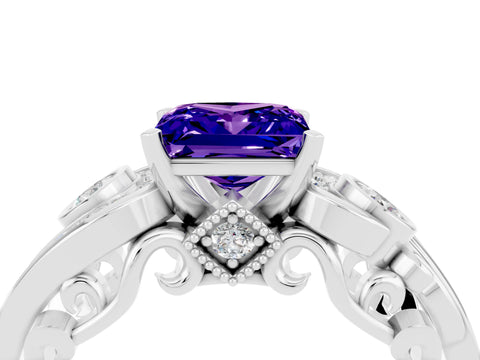 White gold Princess Cut Tanzanite Solitaire Ring with Milgrain Pavé Band and Four-Prong Setting_52