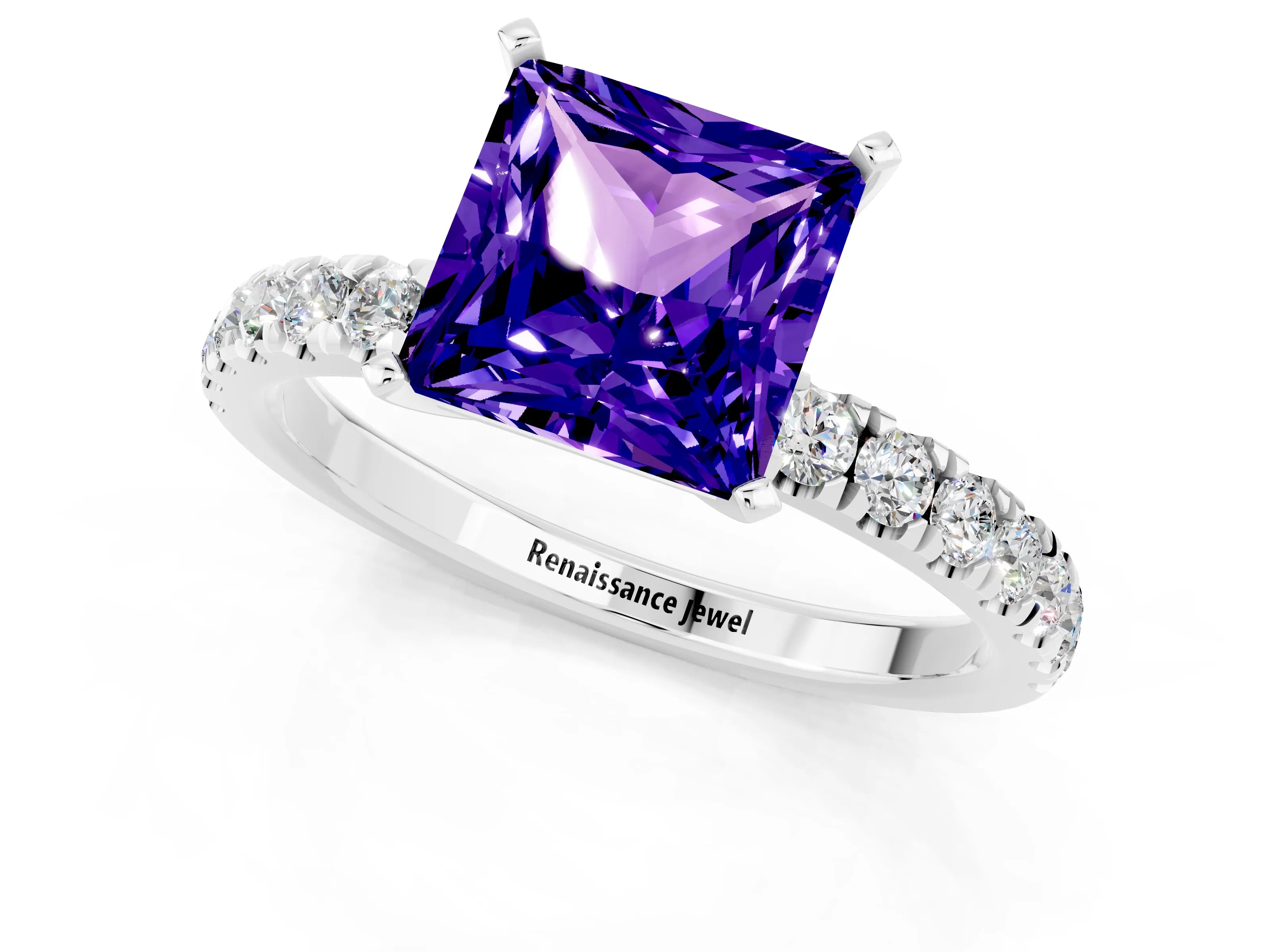 White gold Princess Cut Tanzanite Solitaire Ring with Pavé Accents and Four-Prong Setting_1