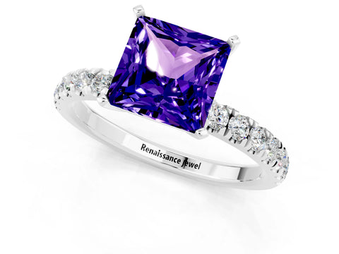 White gold Princess Cut Tanzanite Solitaire Ring with Pavé Accents and Four-Prong Setting_1