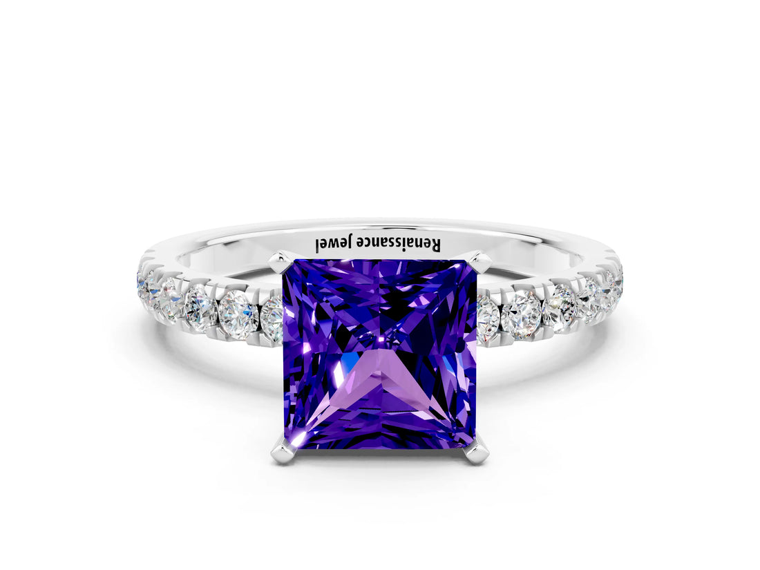 White gold Princess Cut Tanzanite Solitaire Ring with Pavé Accents and Four-Prong Setting
