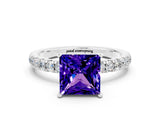 White gold Princess Cut Tanzanite Solitaire Ring with Pavé Accents and Four-Prong Setting