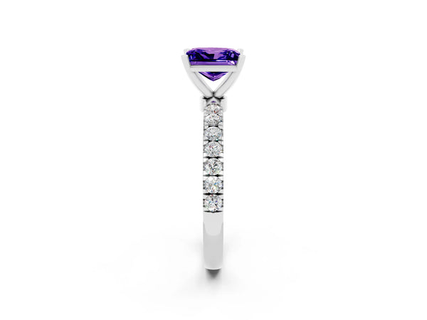 White gold Princess Cut Tanzanite Solitaire Ring with Pavé Accents and Four-Prong Setting
