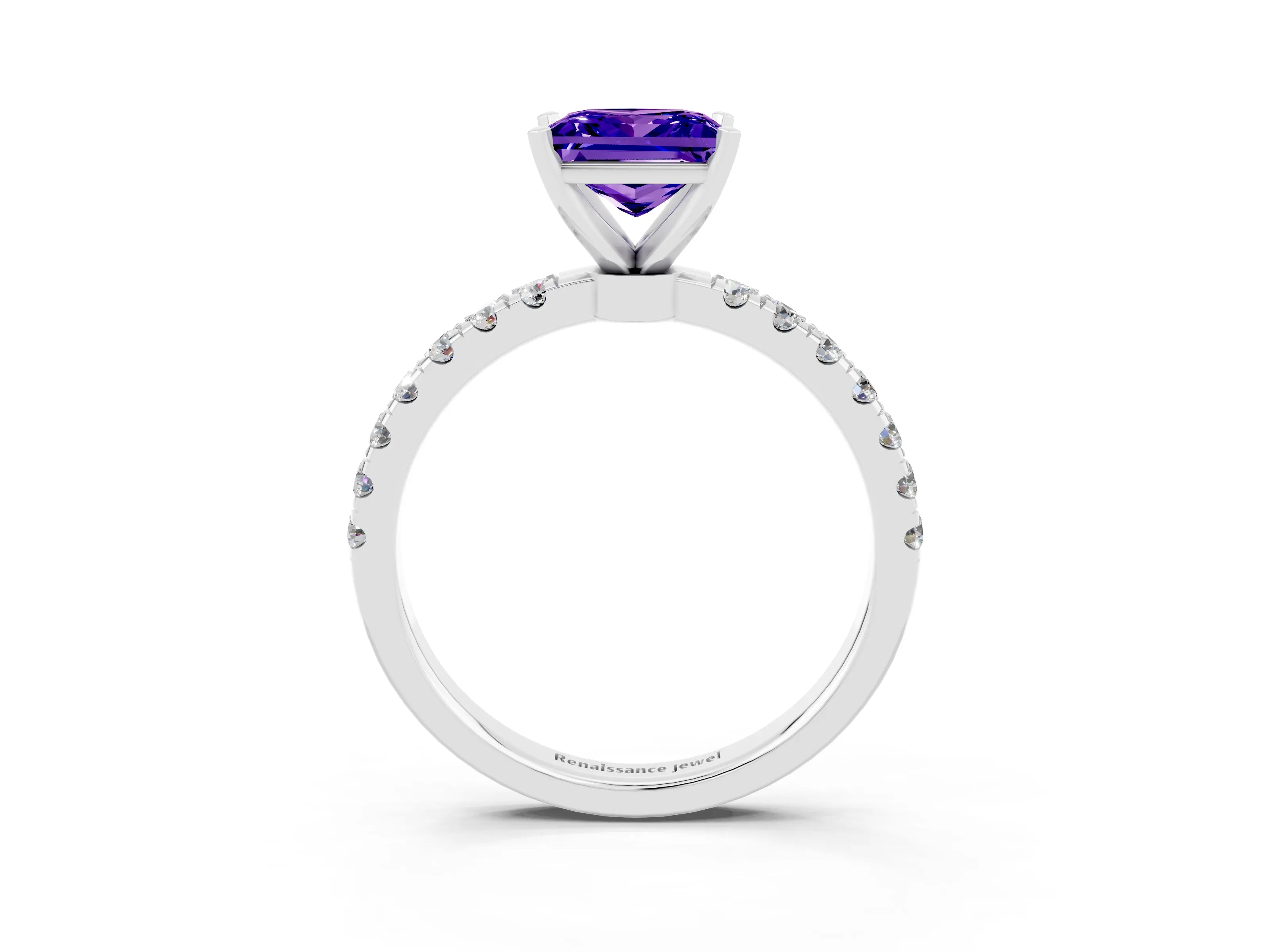 White gold Princess Cut Tanzanite Solitaire Ring with Pavé Accents and Four-Prong Setting_3