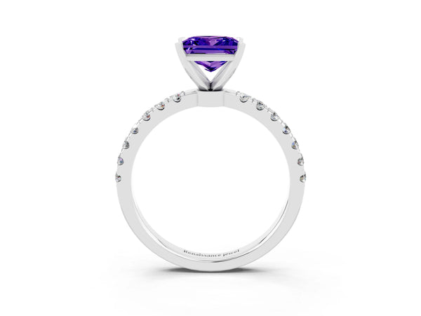 Silver Princess Cut Tanzanite Solitaire Ring with Pavé Accents and Four-Prong Setting