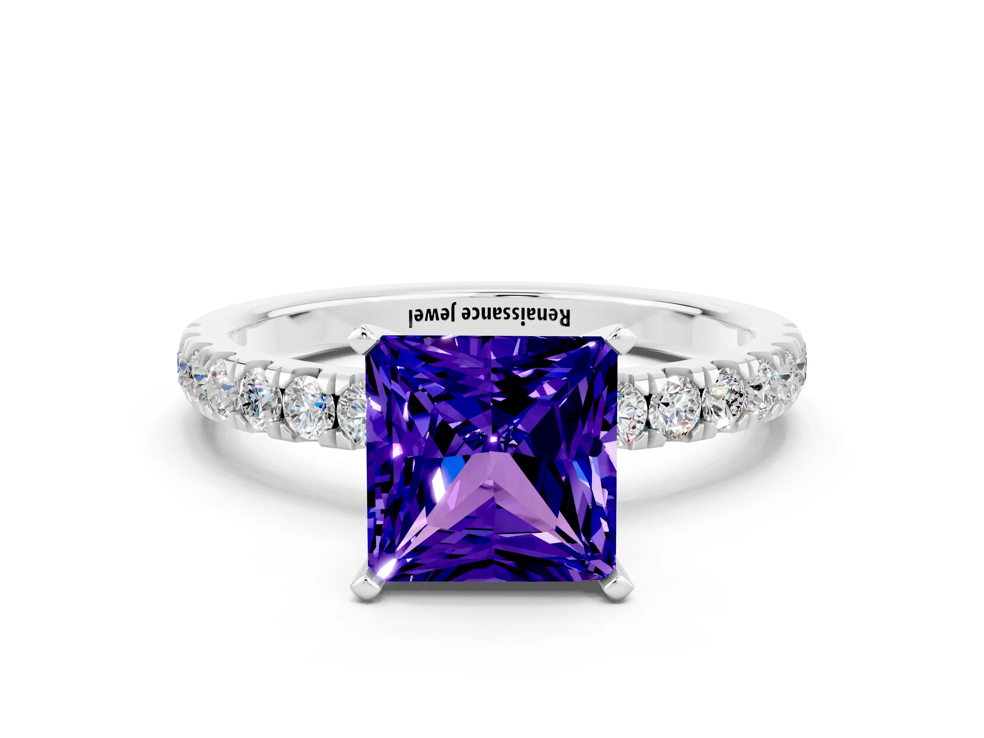 White gold Princess Cut Tanzanite Solitaire Ring with Pavé Accents and Four-Prong Setting