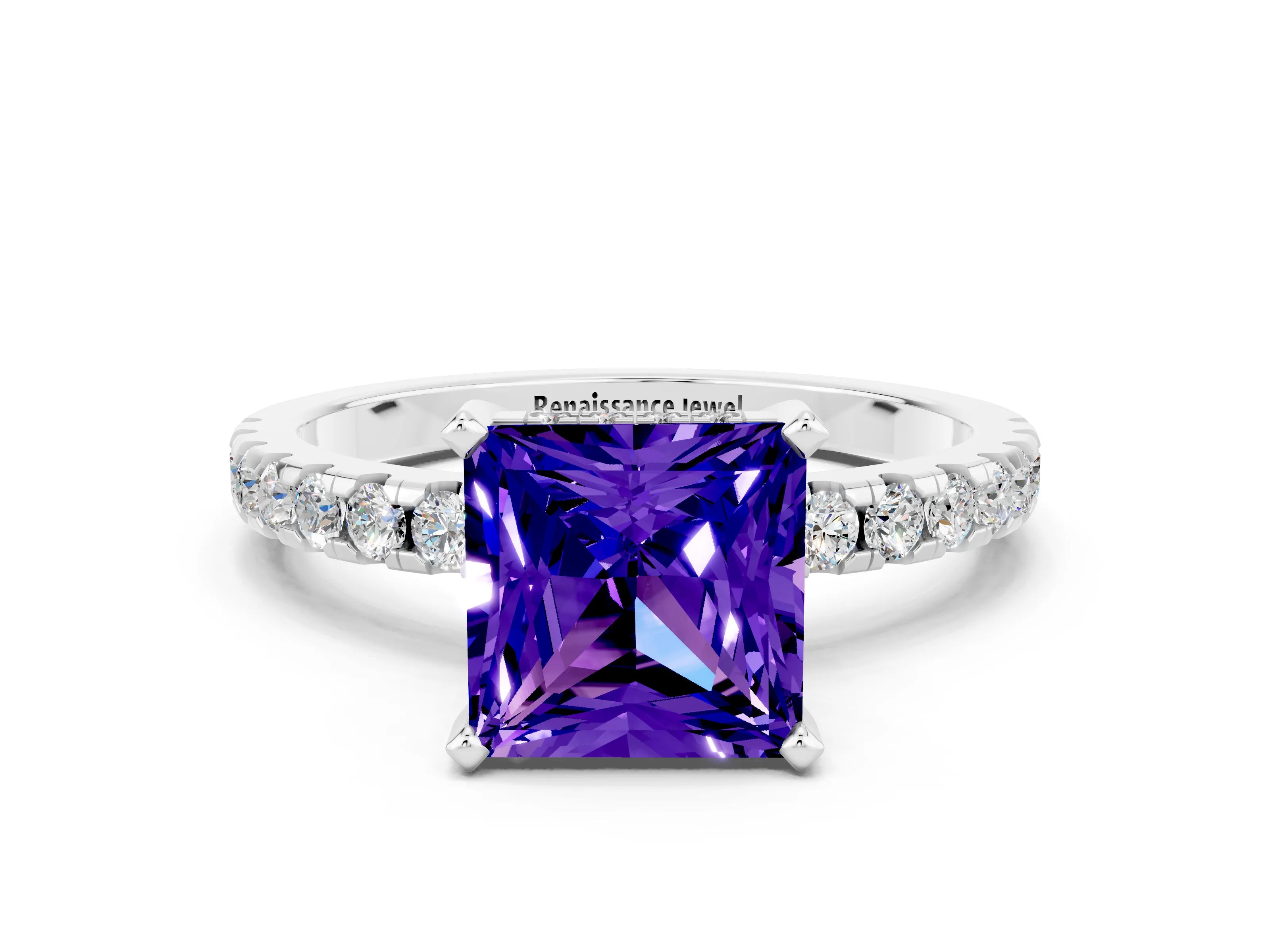 White gold Princess Cut Tanzanite Solitaire Ring with Pavé Band and Four-Prong Setting_24
