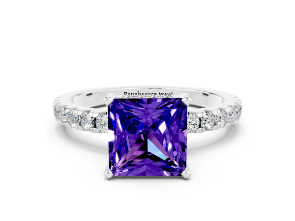 White gold Princess Cut Tanzanite Solitaire Ring with Round  Pavé Band and Four-Prong Setting