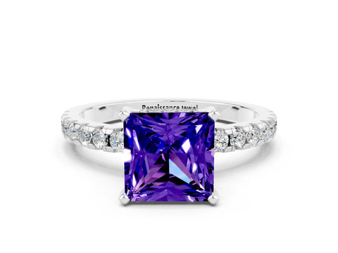 White gold Princess Cut Tanzanite Solitaire Ring with Pavé Band and Four-Prong Setting_24