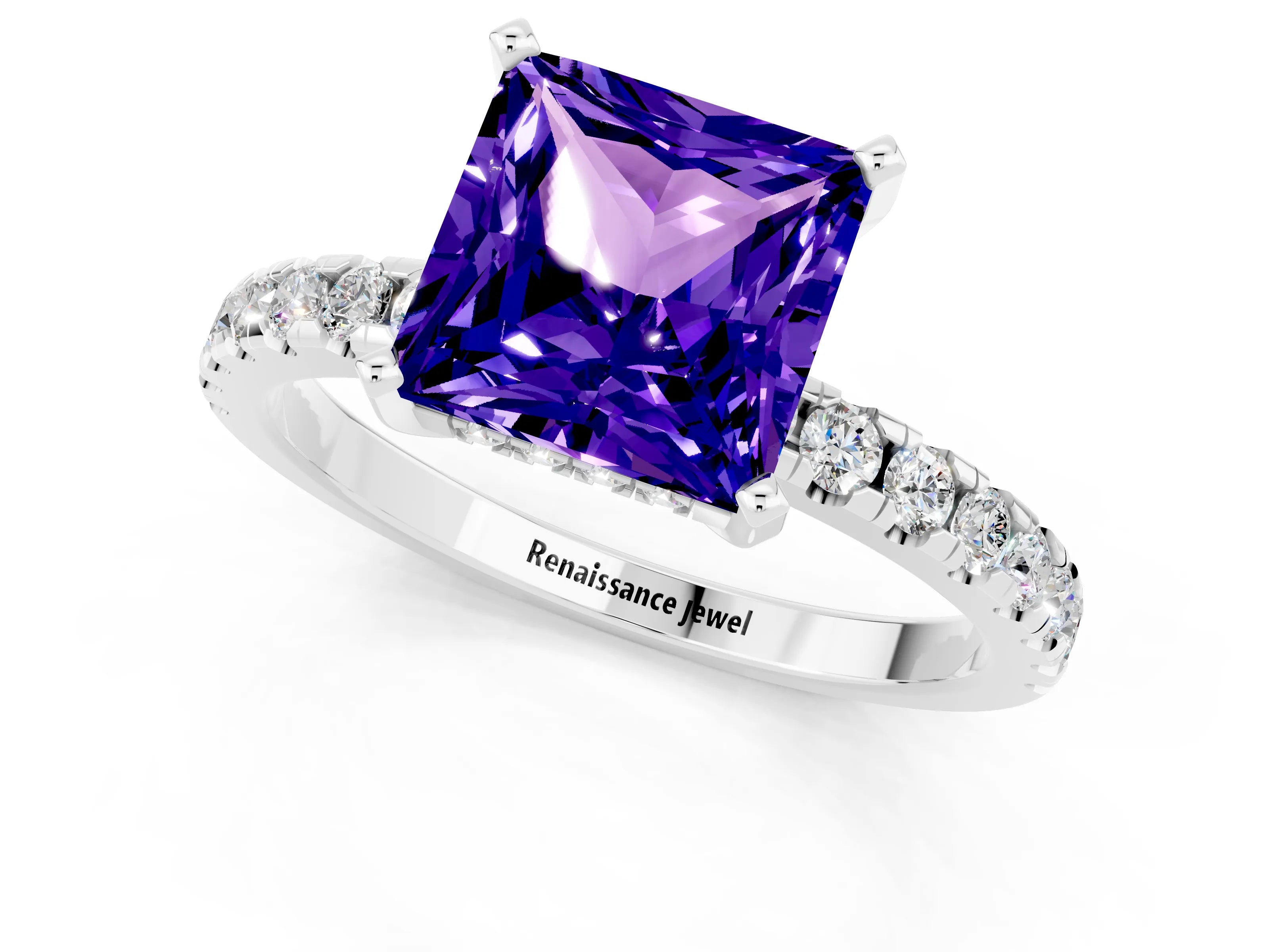 White gold Princess Cut Tanzanite Solitaire Ring with Pavé Band and Four-Prong Setting_25