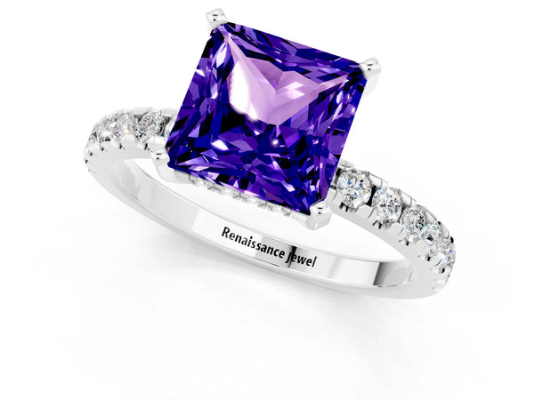 Silver Princess Cut Tanzanite Solitaire Ring with Round  Pavé Band and Four-Prong Setting