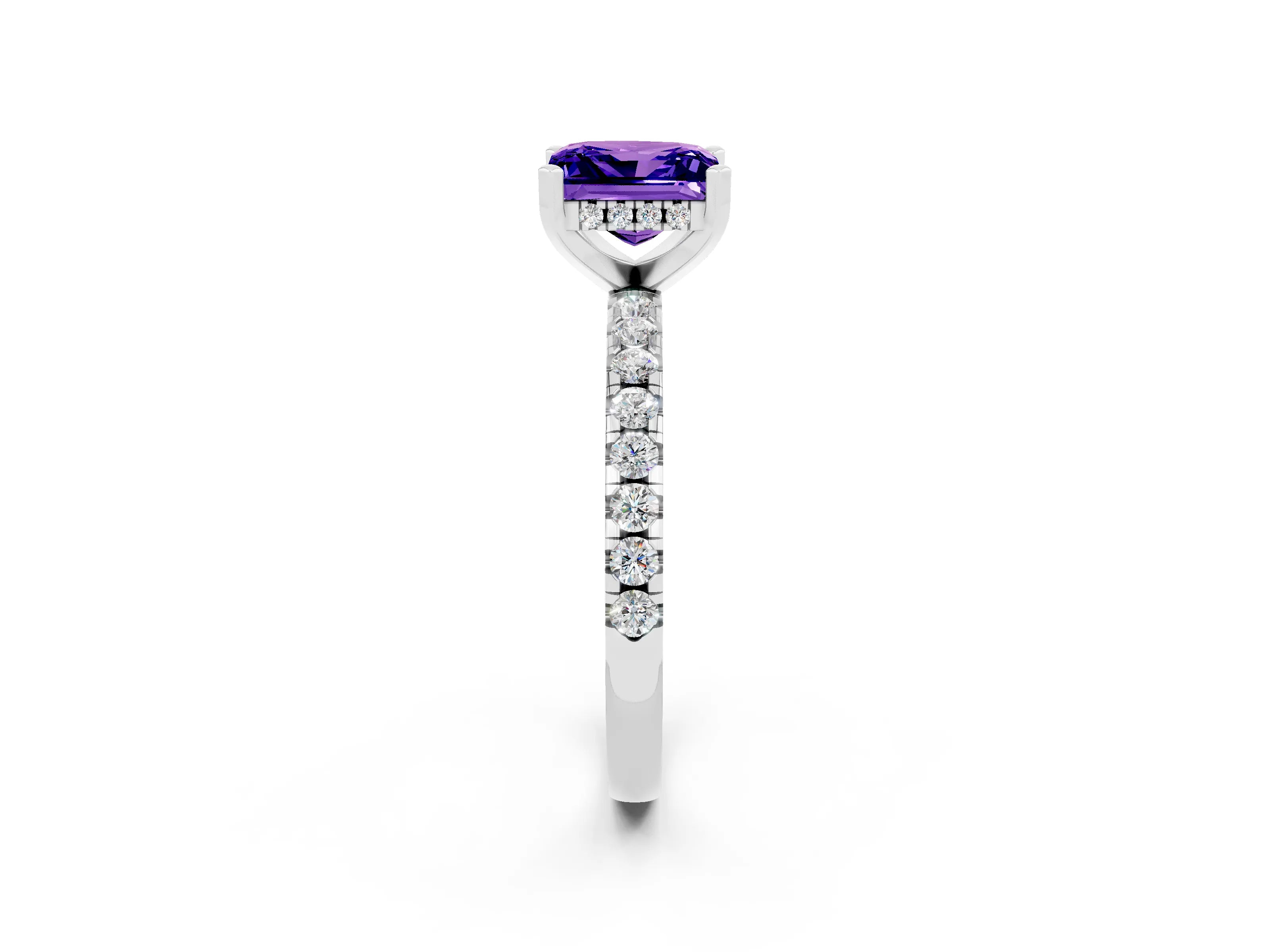 White gold Princess Cut Tanzanite Solitaire Ring with Pavé Band and Four-Prong Setting_26