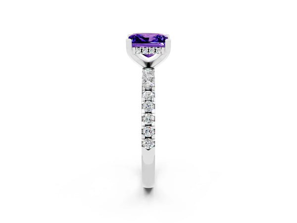 White gold Princess Cut Tanzanite Solitaire Ring with Round  Pavé Band and Four-Prong Setting