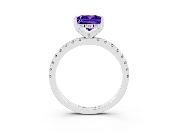 Platinum Princess Cut Tanzanite Solitaire Ring with Round  Pavé Band and Four-Prong Setting