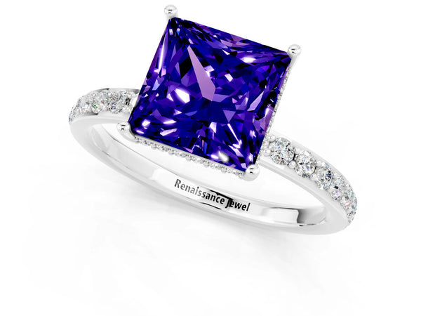 Silver Princess Cut Tanzanite Solitaire Ring with Pavé Band and Hidden Halo