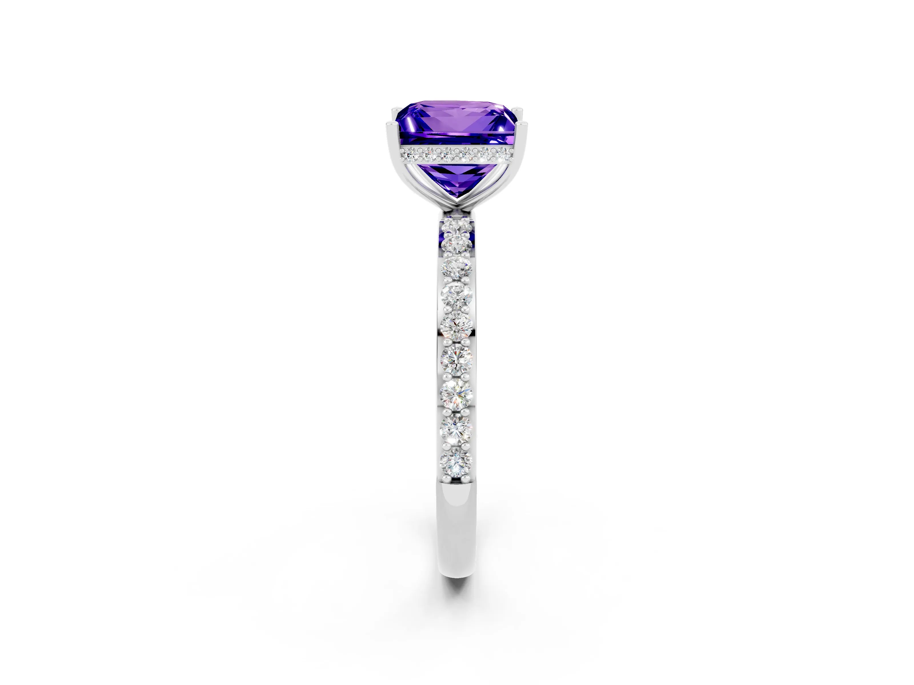 White gold Princess Cut Tanzanite Solitaire Ring with Pavé Band and Hidden Halo_2