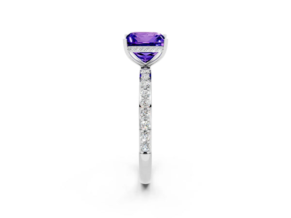Platinum Princess Cut Tanzanite Solitaire Ring with Pavé Band and Hidden Halo